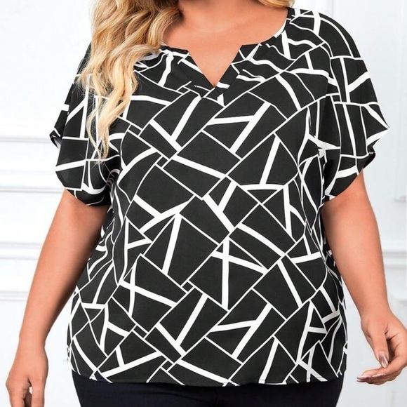 GEOMETRIC PRINT NOTCHED NECKLINE BLOUSE - Picture 1 of 4